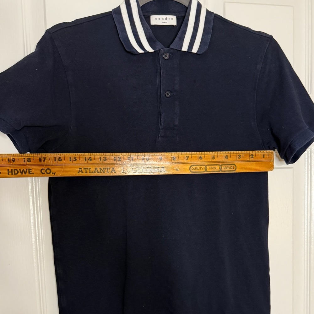 Sandro Paris Navy Blue White Striped Collar Short Sleeve Slim Polo Shirt Mens S - Picture 7 of 9
